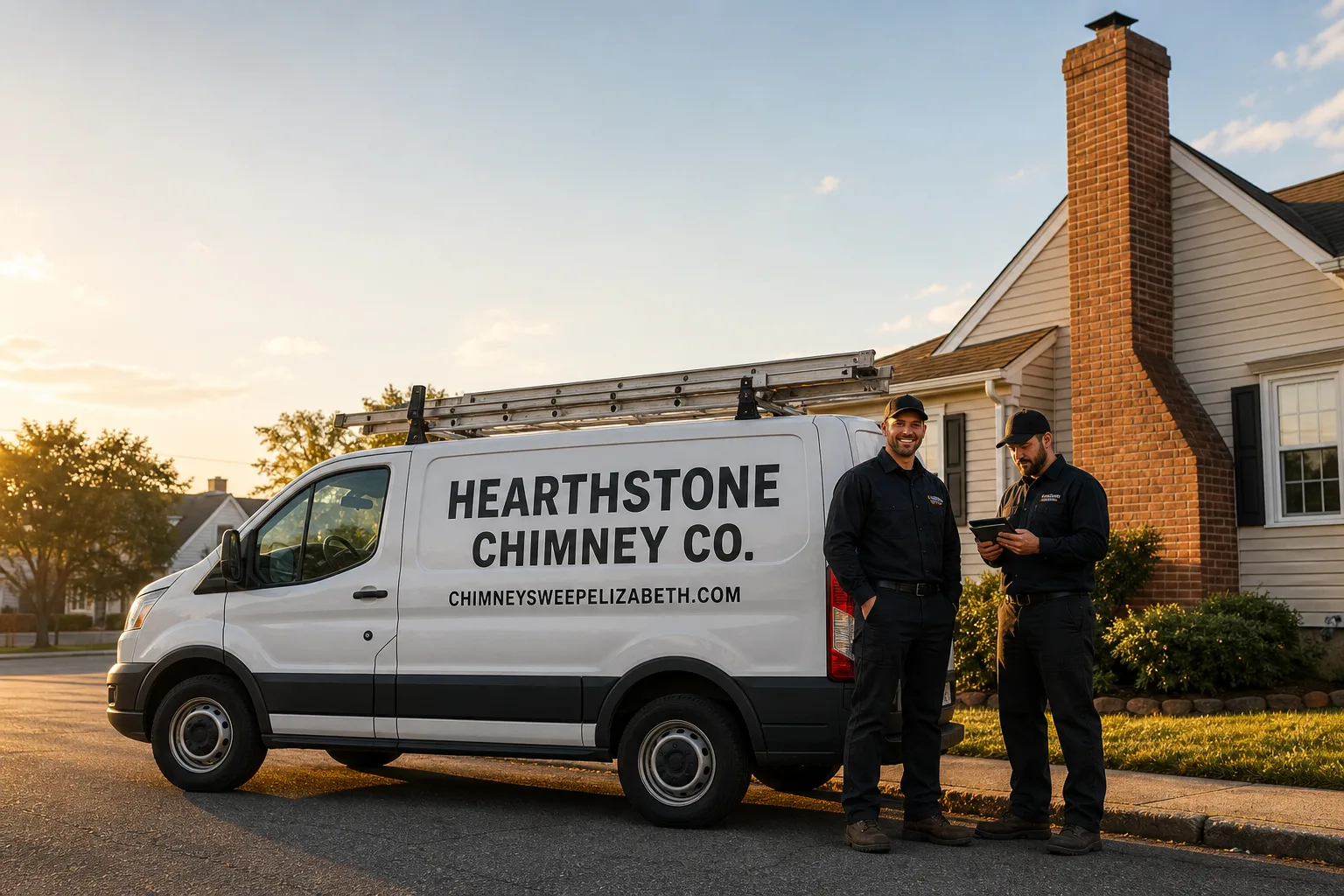 Hearthstone Chimney Co. chimney cleaning service vehicle and crew in Elizabeth, NJ